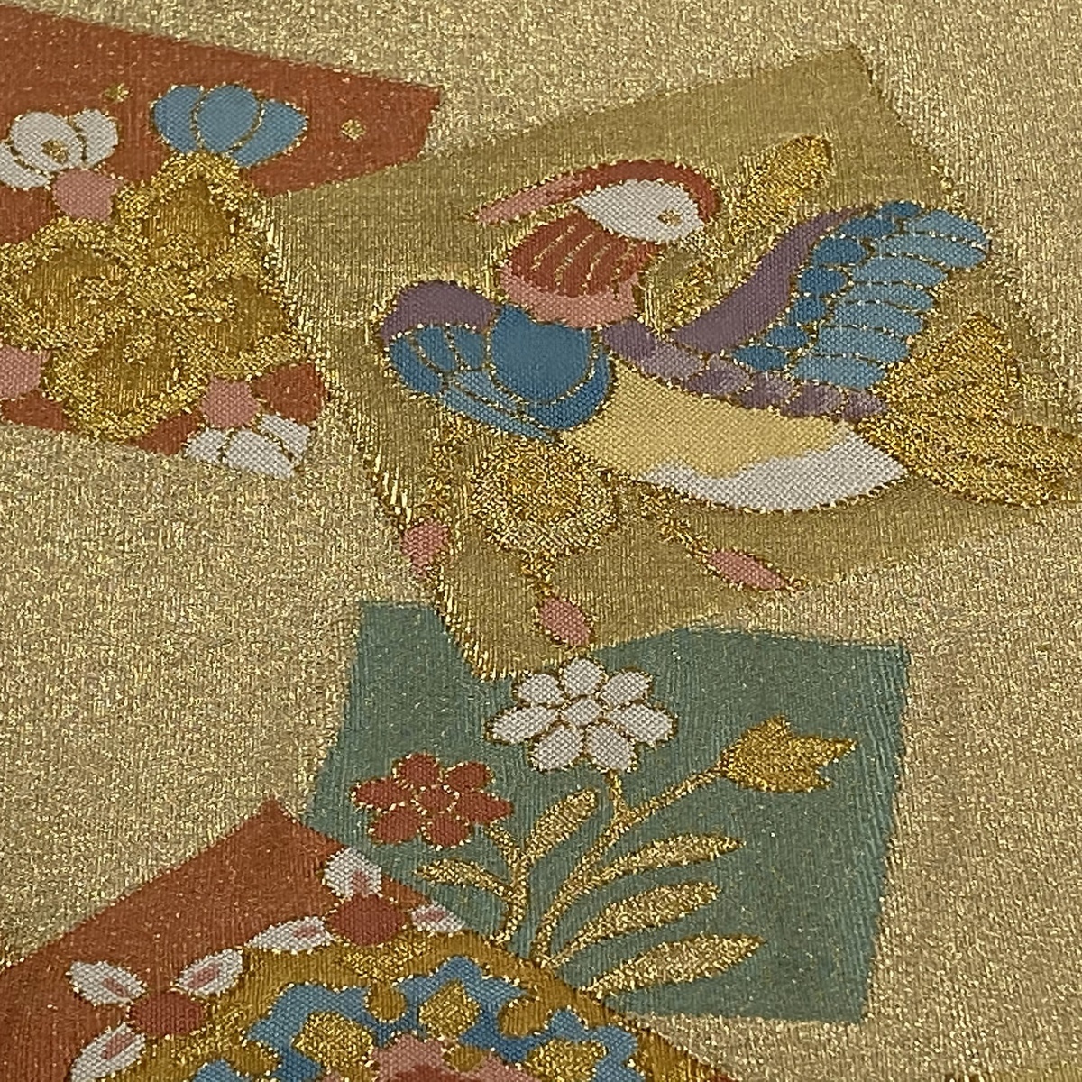袋帯 美品 秀品 鳥 草花 金糸 箔 金色 お太鼓柄 正絹 【中古】 値引き