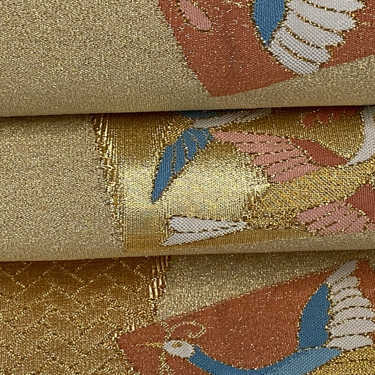 袋帯 美品 秀品 鳥 草花 金糸 箔 金色 お太鼓柄 正絹 【中古】 値引き