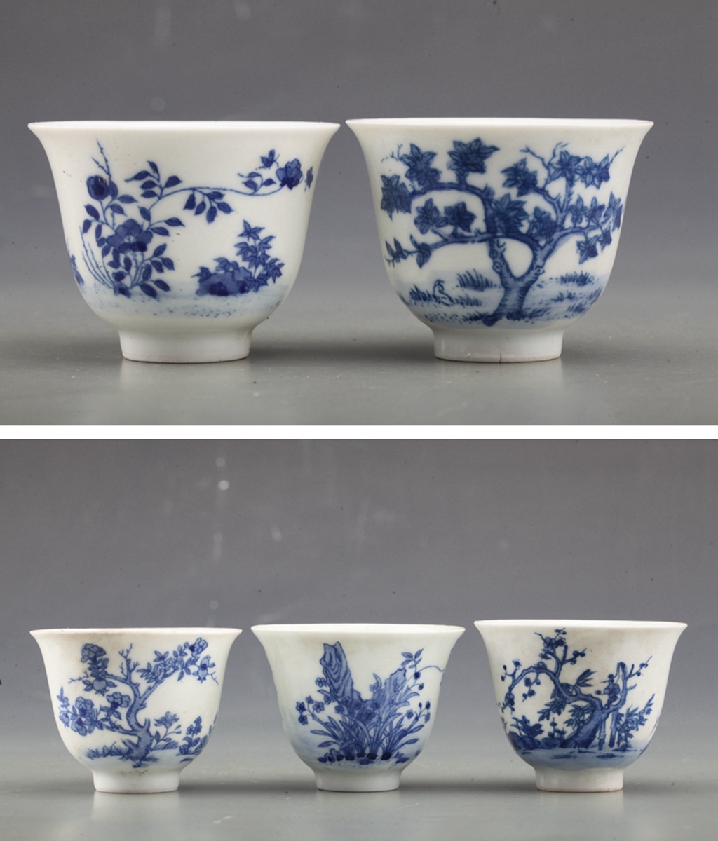 大清康煕年製款 青花花神杯 5客です！高さ5.1 cm、直径6.5cm、 清 工芸品