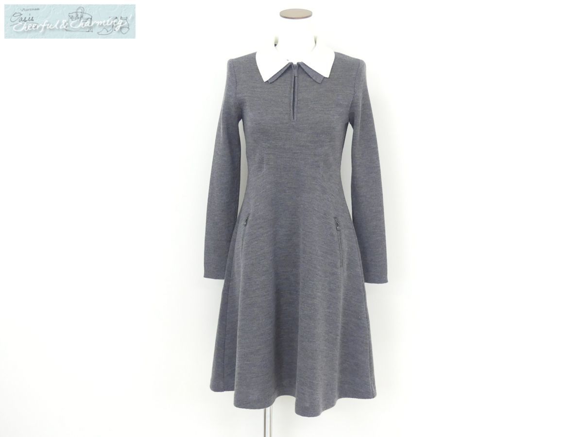 Rene basic ニットワンピース 34 グレー×ホワイト ウール カメリア  