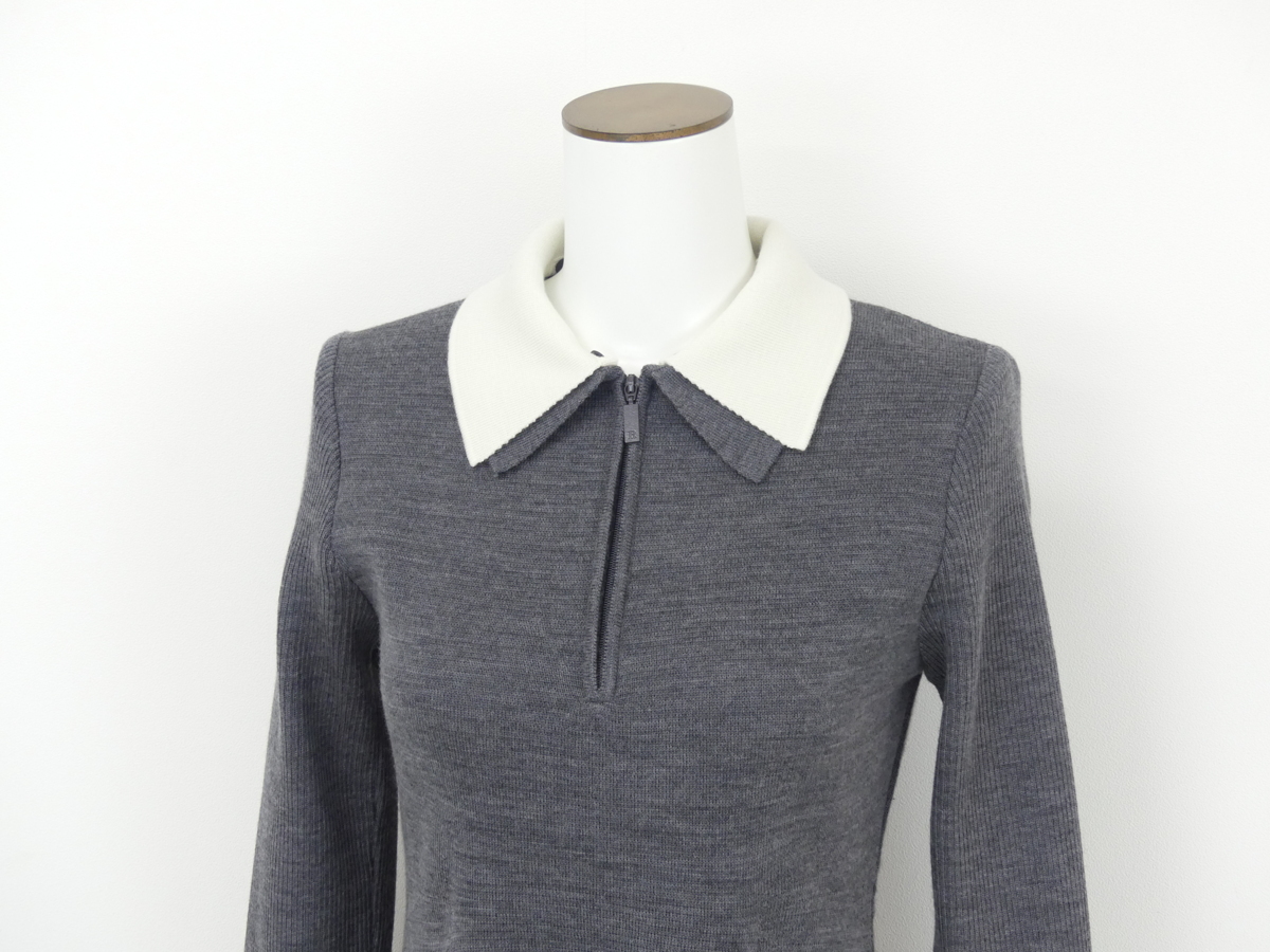 Rene basic ニットワンピース 34 グレー×ホワイト ウール カメリア  