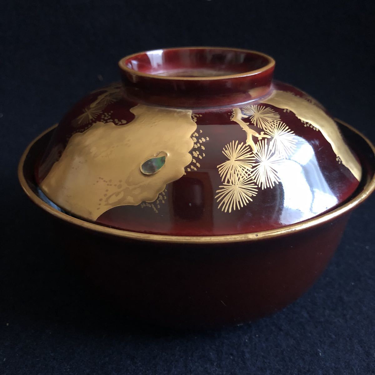 輪島塗 金蒔絵 吸物椀 十客 共箱 吸物椀 十客揃 時代輪島塗 共箱 松鶴蒔絵 時代明治期 金
