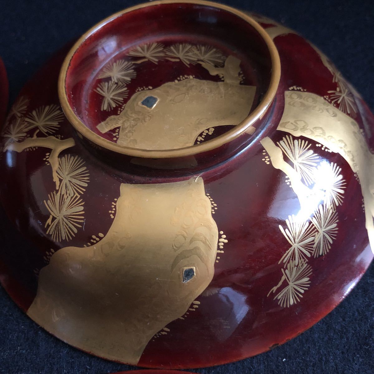 吸物椀 十客揃 時代輪島塗 共箱 松鶴蒔絵 時代明治期 金