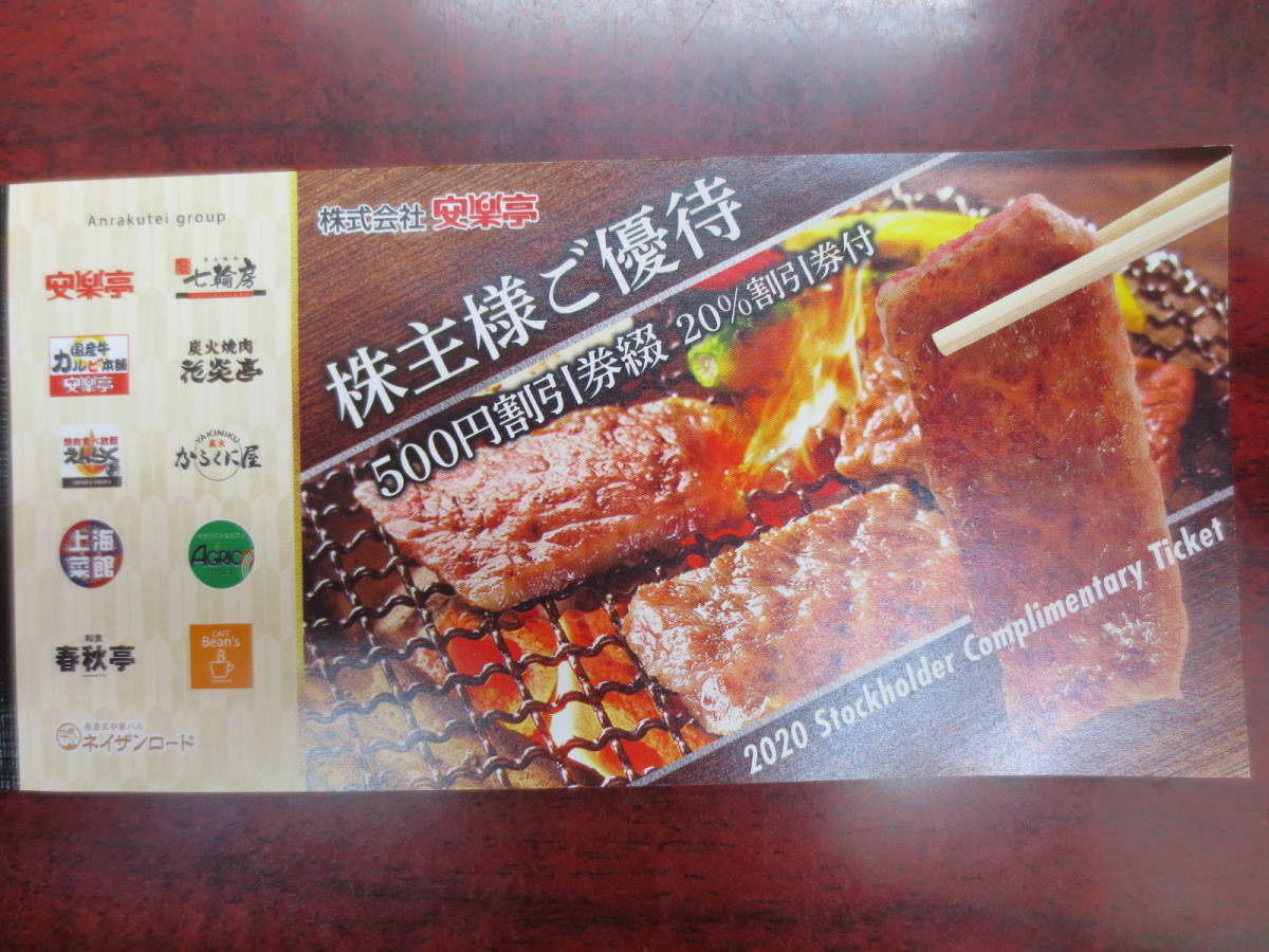 普通郵便送込み　安楽亭　株主優待冊子　(500円割引券26枚+20%割引券+6枚)　