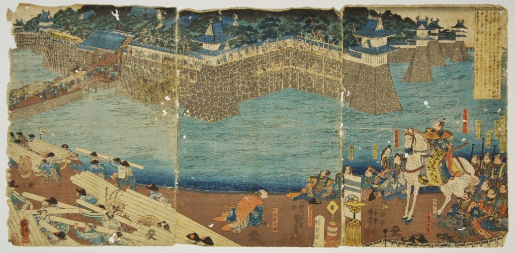 浮世絵 一勇斎国芳 多田春永城塀改修之図 三枚続（2406/木版画/清洲城