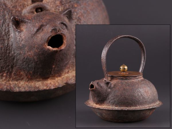 煎茶道具 文福茶釜形 時代鉄瓶 釜師造 銅製蓋 古作 時代物 極上品 初