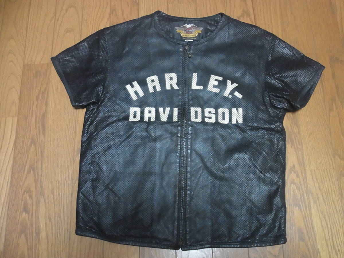 ハーレーダビッドソン レザー ライダース ジャケット パンチング 半袖 XL 010-8/HARLEY DAVIDSON/ハーレーダビッドソン/ロゴ入り/パンチング