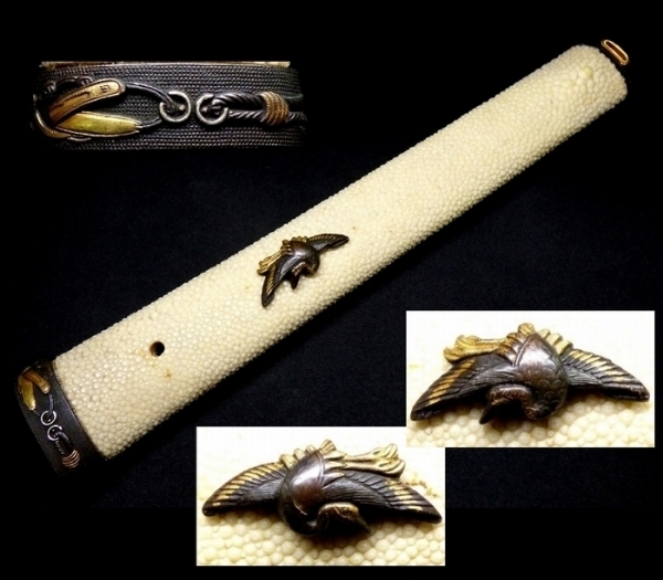  後藤系統の名作金工金具付 柄前 全長約24.3ｃｍ 目貫：赤銅地 金色絵 舞鶴図 縁：赤銅魚々子地 金銀象嵌色絵 鐙図 安値出発 k429(鍔、刀装具)｜売買されたオークション情報、yahooの商品情報を 鍔、刀装具