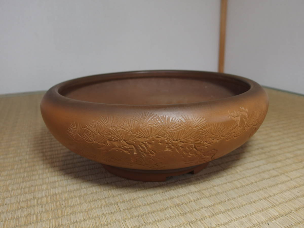 紫峰盆栽 美芸 朱泥手彫丸鉢(鉢)｜売買されたオークション