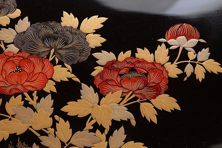 お盆 トレー 丸盆 溜 文化遺産オンライン 菖蒲蒔絵丸盆 黒塗 漆器 10.0