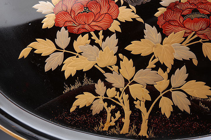 お盆 トレー 丸盆 溜 文化遺産オンライン 菖蒲蒔絵丸盆 黒塗 漆器 10.0