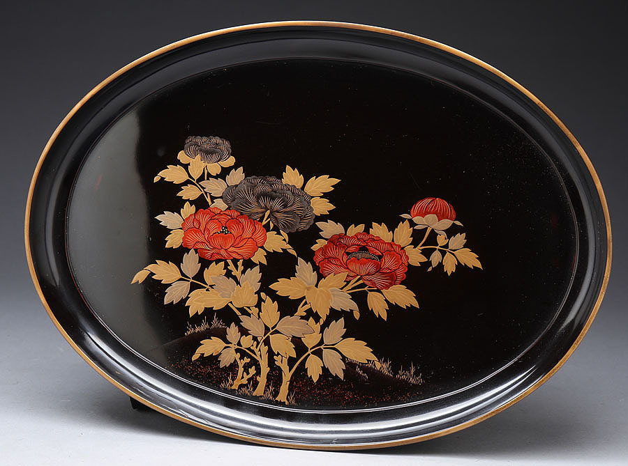 お盆 トレー 丸盆 溜 文化遺産オンライン 菖蒲蒔絵丸盆 黒塗 漆器 10.0