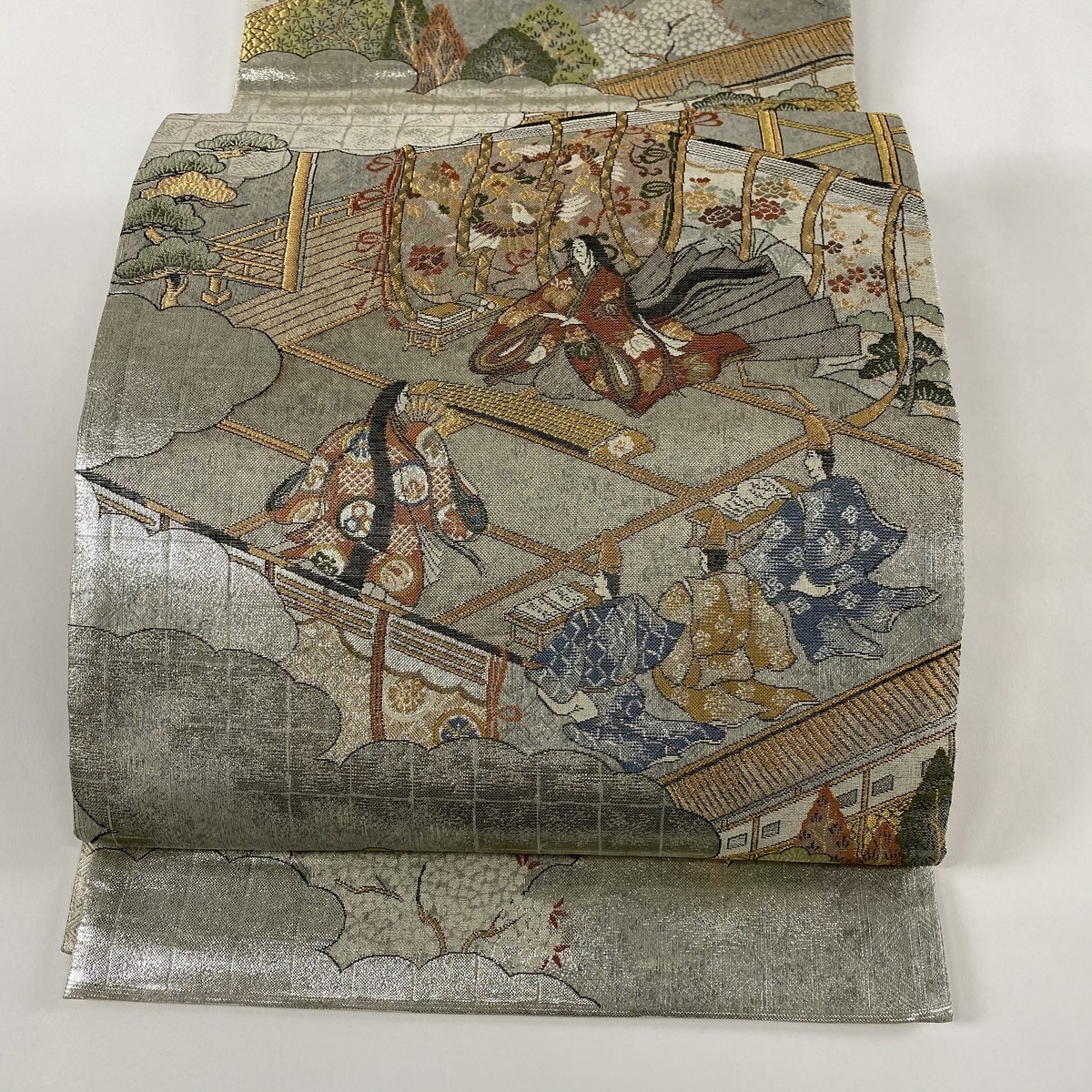 袋帯 美品 秀品 落款 源氏物語絵図 御所車 人物 金糸 箔 銀色 全通