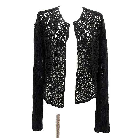 イッセイミヤケ ISSEY MIYAKE カーディガン ボレロ ニット 長袖 かぎ編み リネン混 S 黒 ブラック /KH