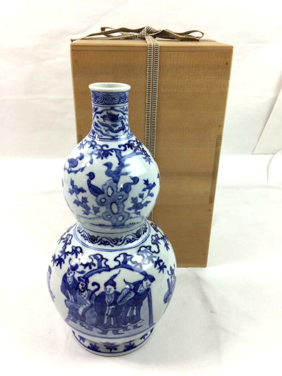 中国 陶器 壺 清時代 染付 瓢箪形 大花瓶62cm 中国陶磁器 大清乾隆年製 