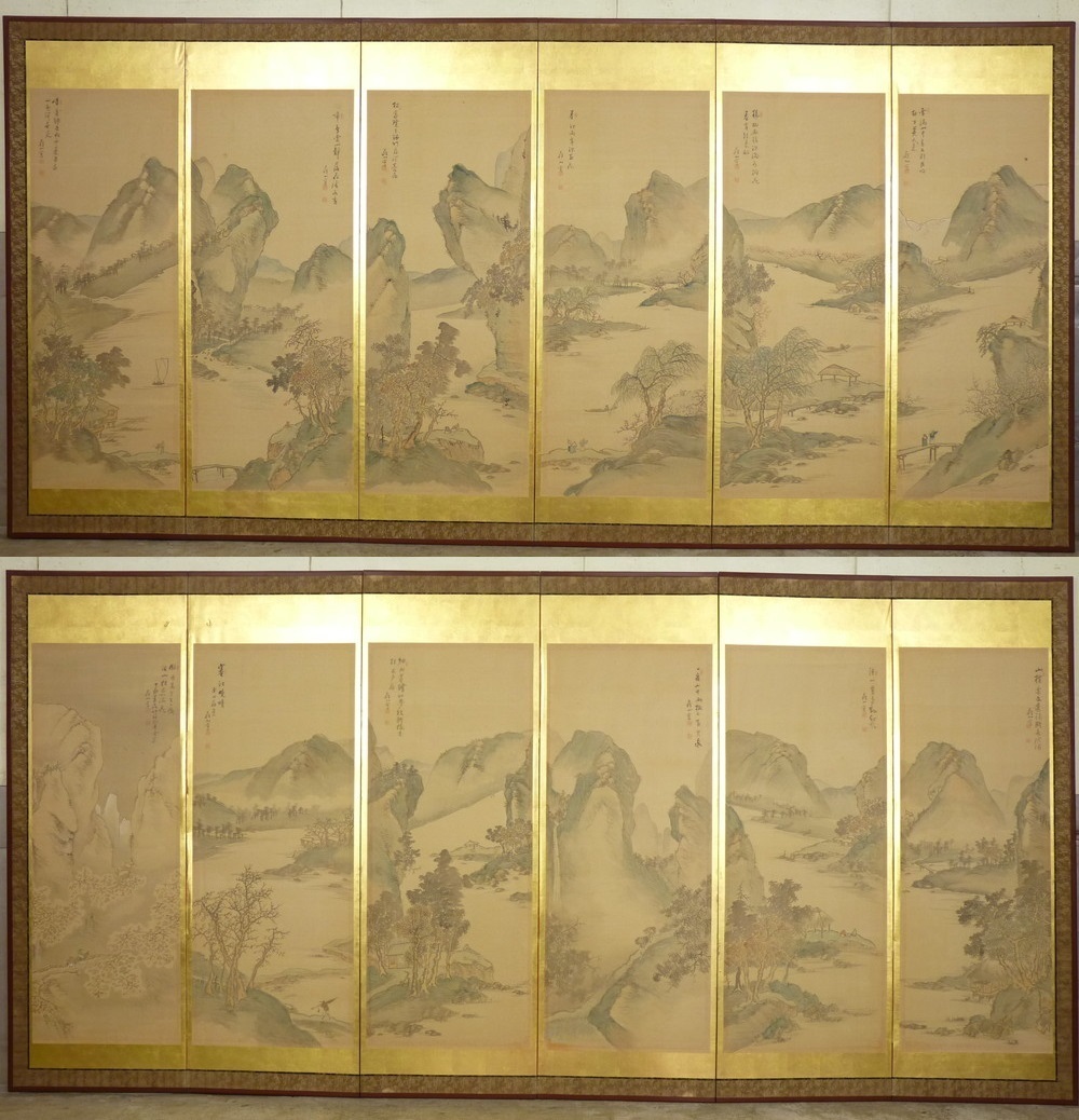 都屋】59 谷口藹山 筆 四季山水図 屏風 高さ 約172㎝ 絹本肉筆 日本画