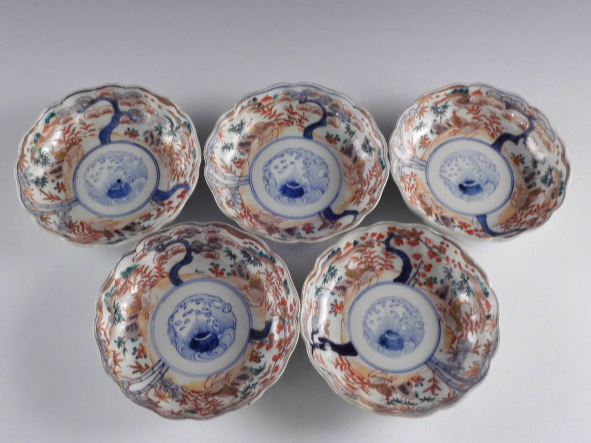 □匠□古伊万里 金彩色絵 花鳥文 輪花 皿 5客 15cm