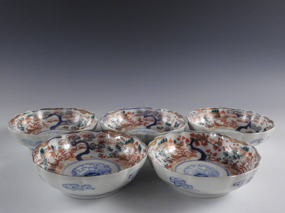 □匠□古伊万里 金彩色絵 花鳥文 輪花 皿 5客 15cm