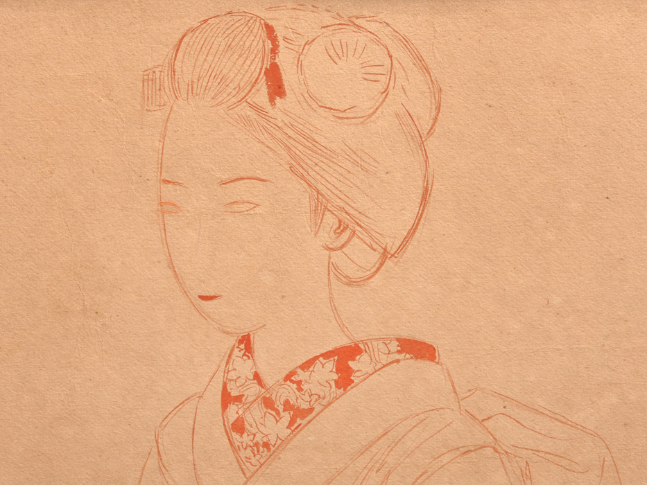 土田麦僊 直筆素描 「舞妓」 落款有 額装あり 希少 日本画 素描 女性画