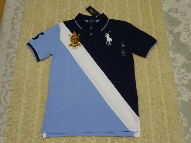 送料込みPOLOラルフローレン新品★￥11990 160cm/濃紺×ブルー★Bigポロ/バナー ポロシャツ/半袖