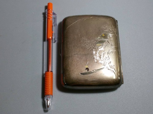 IAS65 タバコケース 銀製 約106g 船乗 山水 銘あり 箱付き シガレット