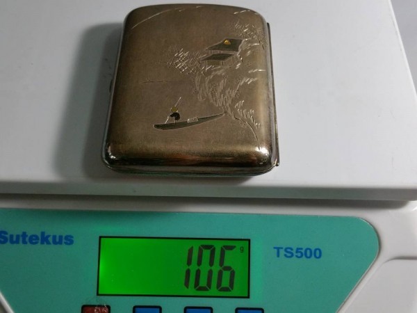 IAS65 タバコケース 銀製 約106g 船乗 山水 銘あり 箱付き シガレット