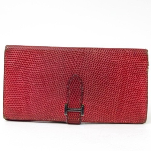 47062★1円スタート★本物 HERMES エルメス ベアン　SV金具 メンズ 長財布 リザード レッド □I刻印 レディース