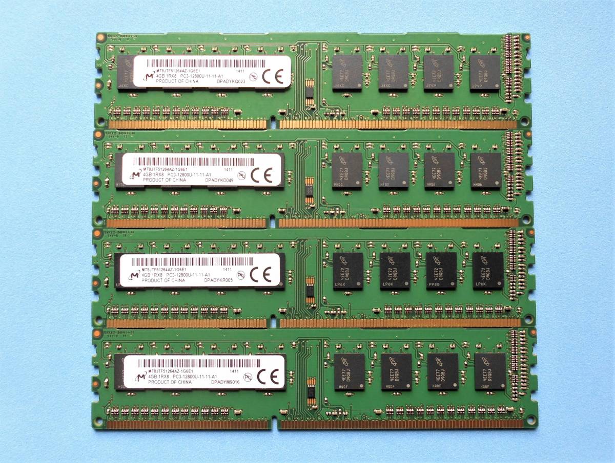 合計 16GB Micron PC3-12800U (DDR3-1600) 4GB×4枚 片面実装 240pin