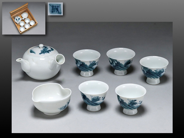 染付 煎茶道具 水指 骨董 柄杓 棗 茶碗 茶道具セット 時代物 煎茶 木箱