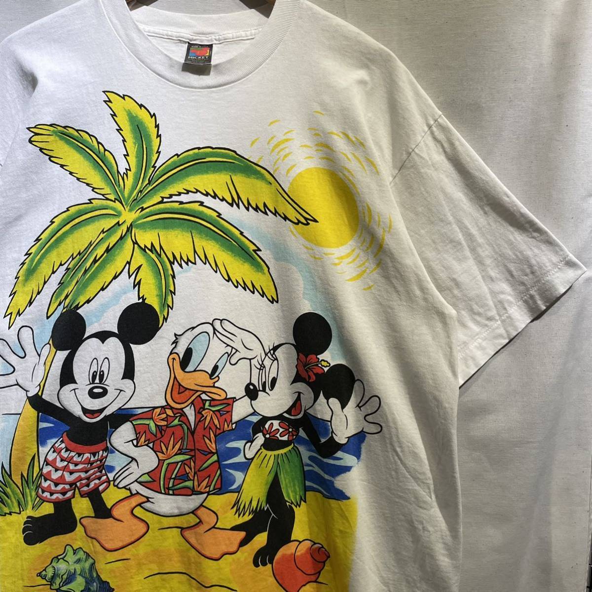 【レア】90s ディズニー 染み込み プリント Tシャツ USA製 ビンテージ ミッキー ドナルド ミニー アロハ Mickey /映画 ムービー アート 80s