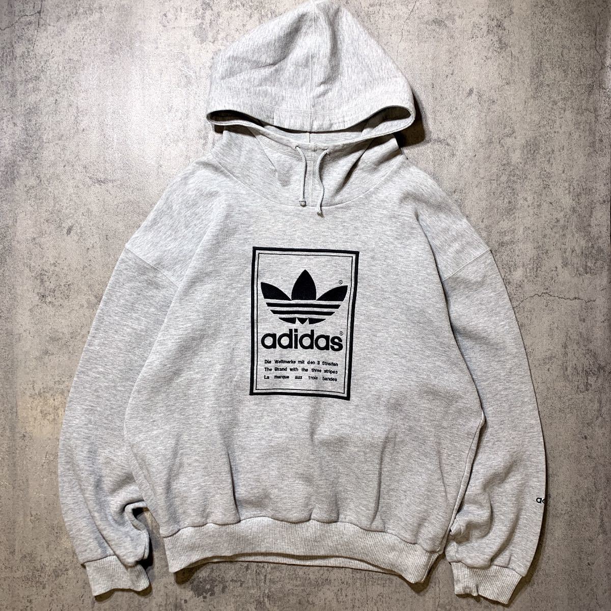 超人気ビンテージ 90s 銀タグ adidas アディダス 刺繍ロゴ パーカー フーディー M-Lサイズ グレー ブラック ハイネック