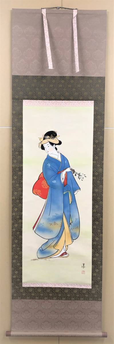 肉筆】在印【浮世絵・桜美人】◇紙本◇合箱◇掛軸 w09183