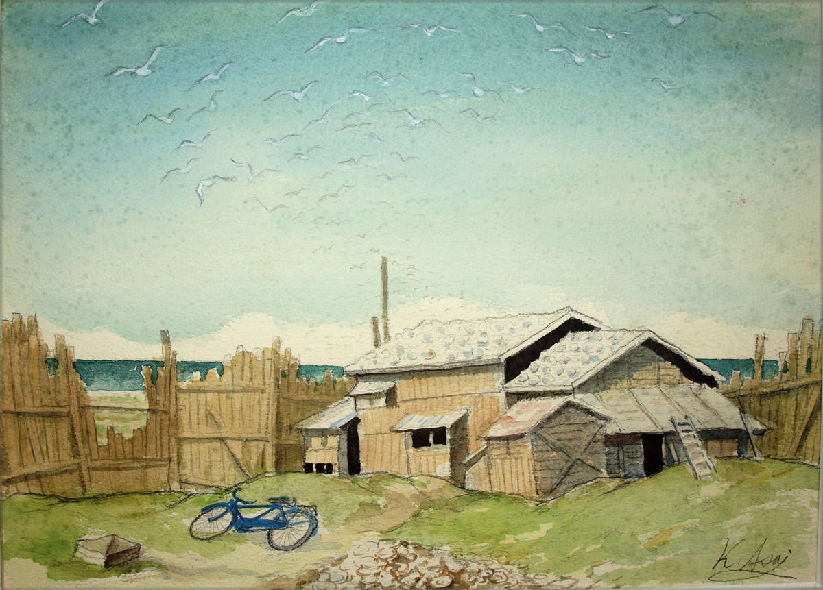 絵画　「津軽の牡蠣小屋」　水彩画 絵画】「津軽の牡蠣小屋」 水彩画 真作 水彩画 【公式通販】
