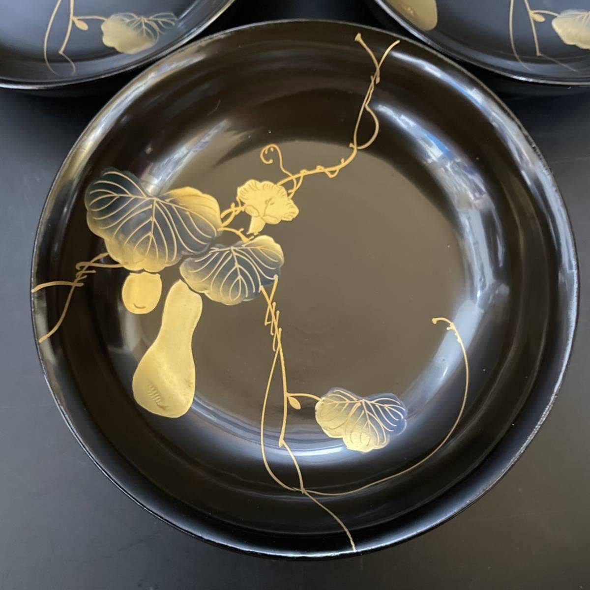 漆器 黒塗 吸物椀 - 螺鈿 菓子 懐石 茶 木製 五客 秋乃図金蒔絵