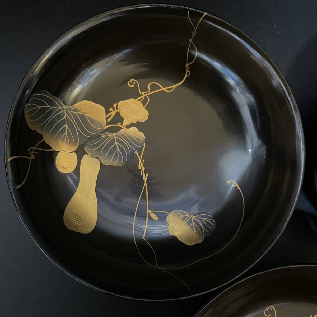 漆器 黒塗 吸物椀 - 螺鈿 菓子 懐石 茶 木製 五客 秋乃図金蒔絵