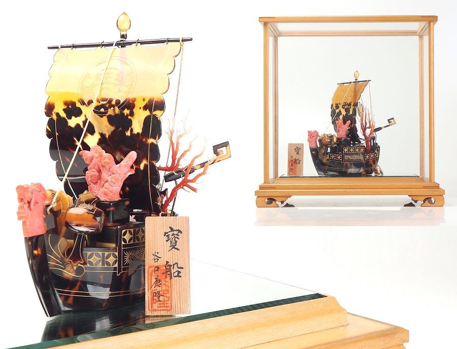 ■谷口康隆作 本珊瑚七福神竜頭 本鼈甲沈金宝船■