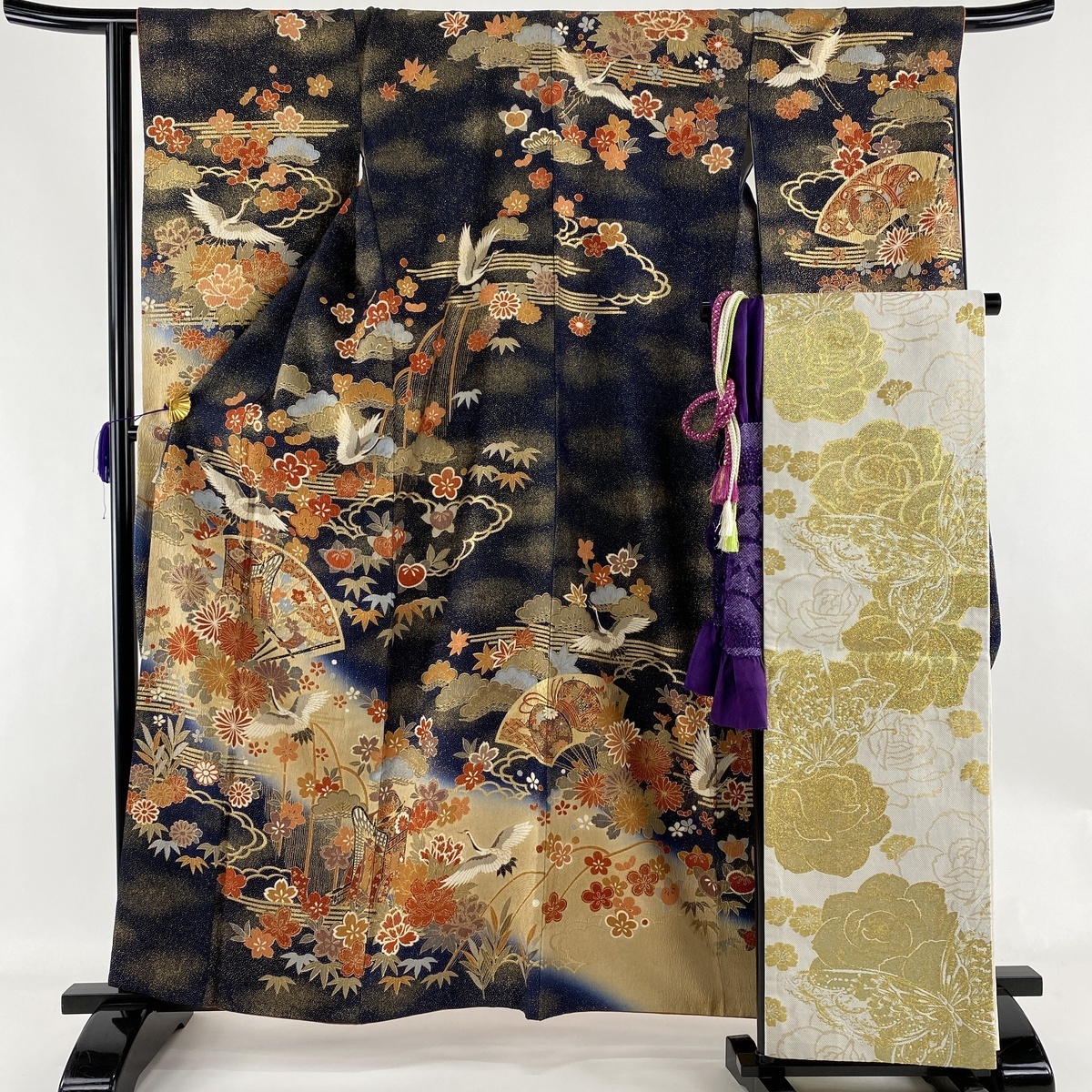振袖 美品 秀品 袋帯フルセット 御所車 鶴 金彩 ぼかし 濃紺 袷 身丈160cm 裄丈65.5cm M 正絹 【中古】 ☆☆☆