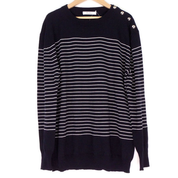 【美品】MAXMARA マックスマーラ 長袖ニット ネイビー系 M ウール100％ 白タグ ボーダートップス AY694A34