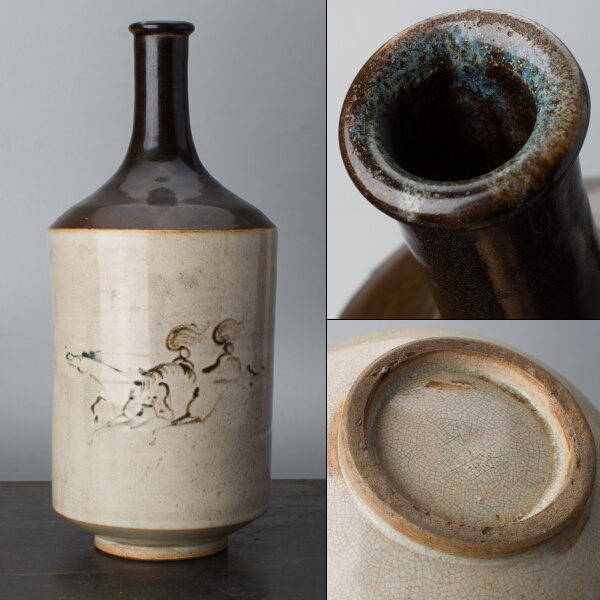相馬 壺 徳利 花器 一輪挿し 民藝 飾り壺 時代物 鉄釉 とび鉋 希少 千b541】馬図・古い徳利 相馬焼と思います 花瓶 壺 徳利 古相馬