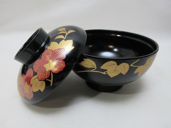 ZG07009 【 汁椀 蓋付き 会津 金彩蒔絵 5客組 共箱 栞 】 検) 漆椀