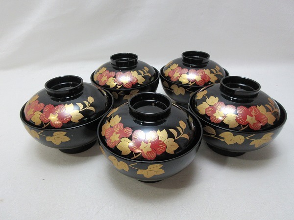 ZG07009 【 汁椀 蓋付き 会津 金彩蒔絵 5客組 共箱 栞 】 検) 漆椀