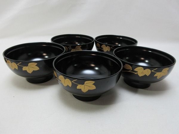 ZG07009 【 汁椀 蓋付き 会津 金彩蒔絵 5客組 共箱 栞 】 検) 漆椀