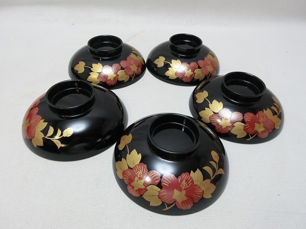 ZG07009 【 汁椀 蓋付き 会津 金彩蒔絵 5客組 共箱 栞 】 検) 漆椀
