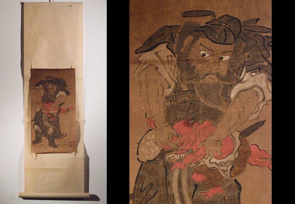 瓢】鍾馗図 まくり 唐呉道子騰明鏡神鬼之図模写 中国唐画 江戸時代 仮表具