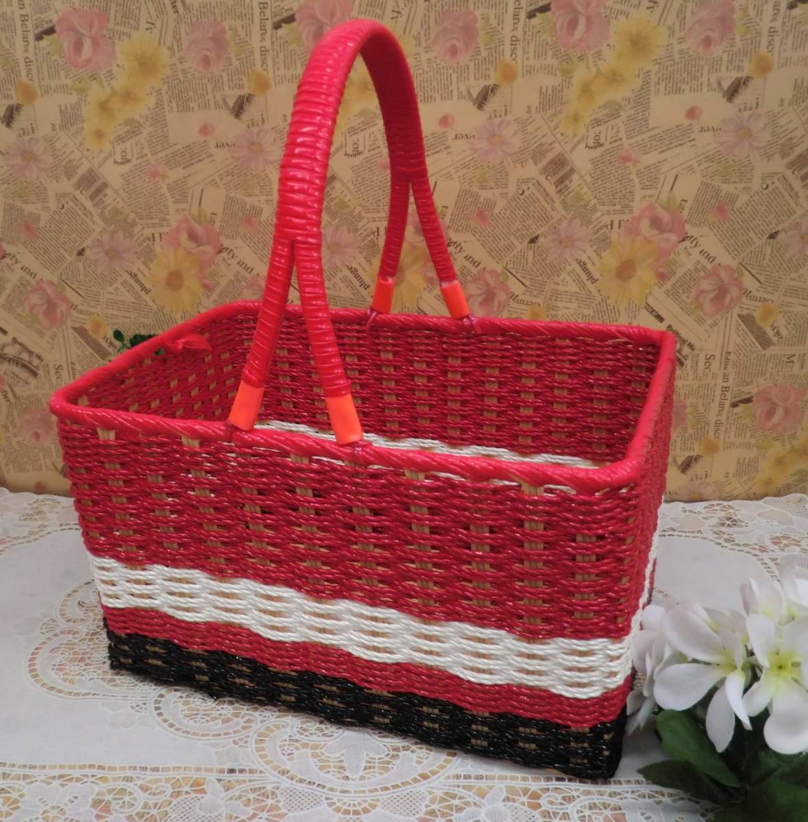 ★レトロ ポップ 赤 レッド 四角 お買い物 かご 籠 カゴ エコバック 小物入れ 検索 宇山あゆみ 天然生活 クウネル ビニール 紐