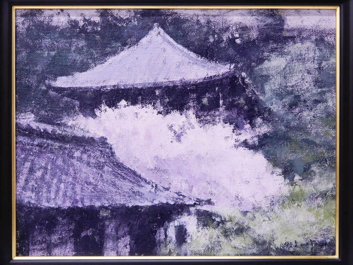 ♯6) 肉筆 斎藤政一 さくらと二月堂 油彩 風景画 F6号 02年制作 在銘