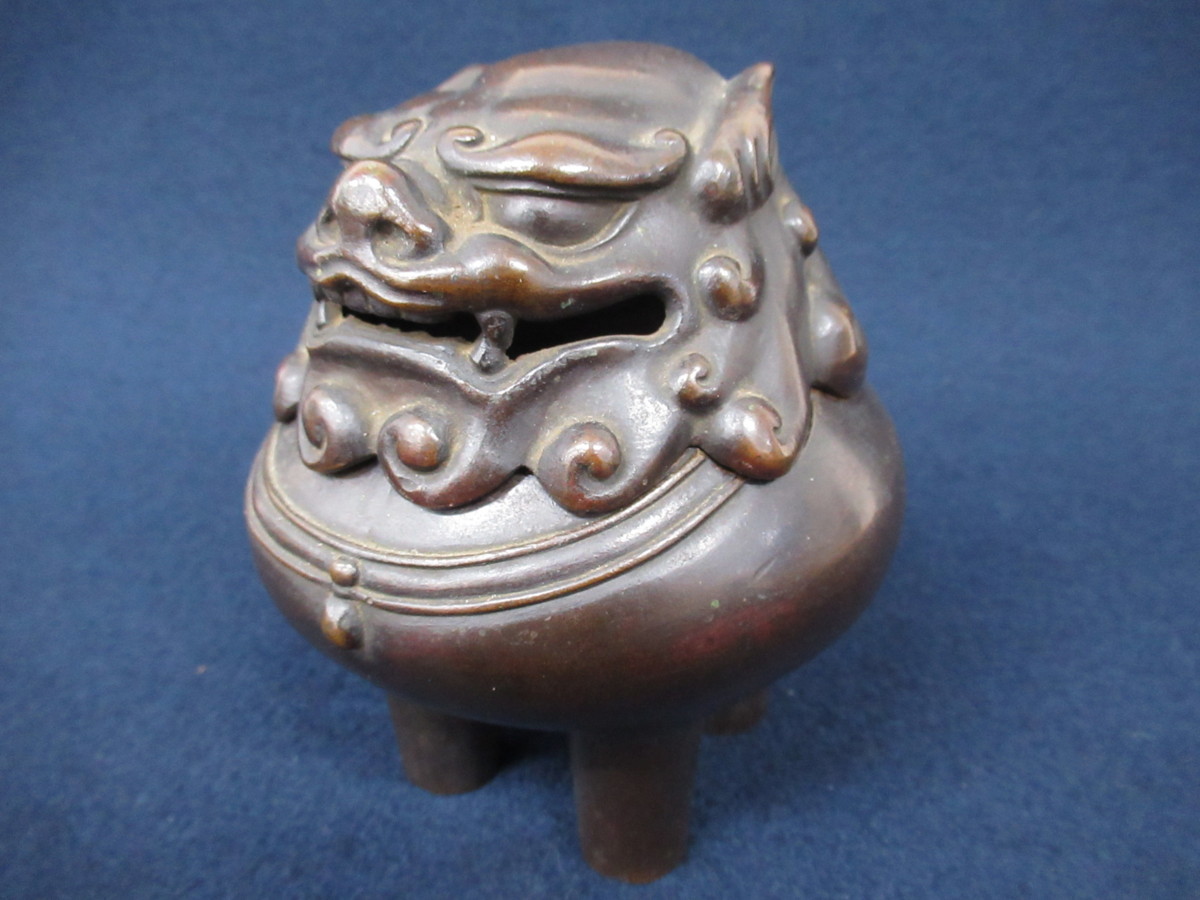 青銅製 獅子香炉 瑞峰作 青銅製香炉 獅子彫刻 箱付き 瑞峰作 青銅製