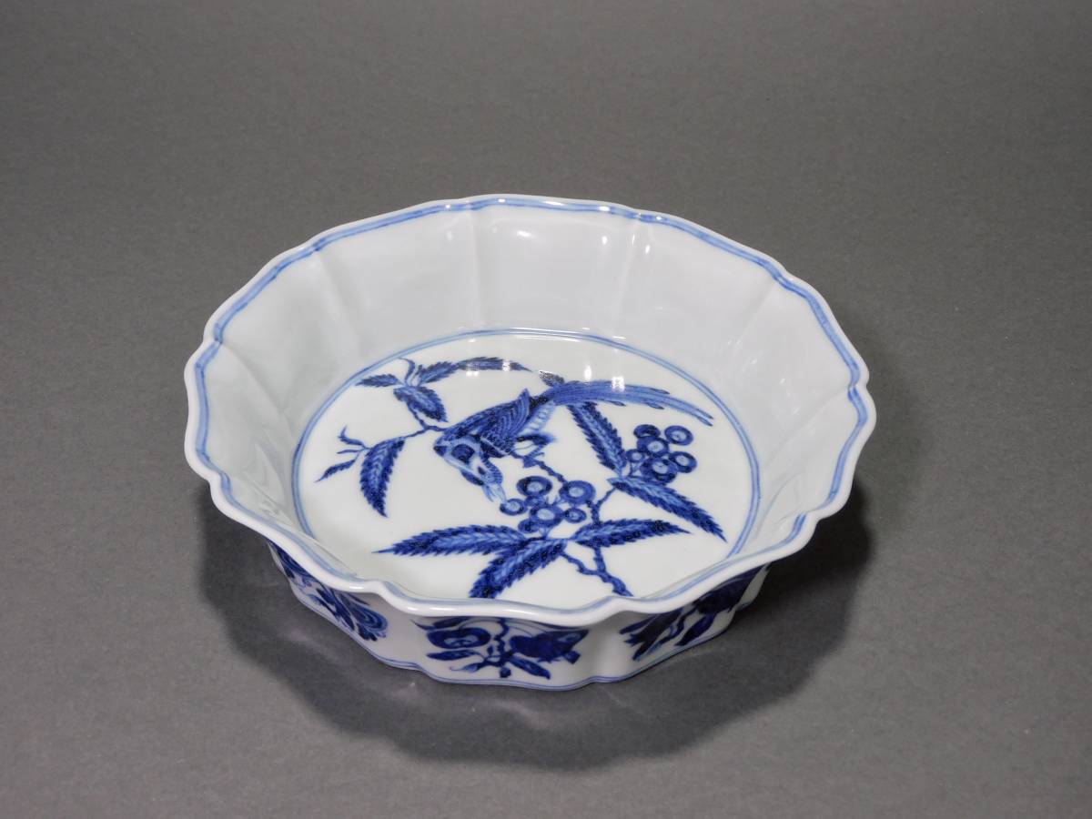 C6370 江戸時代 【明代青花】 祥瑞染付 水指 漆蓋付／箱付 美品＾－＾！z