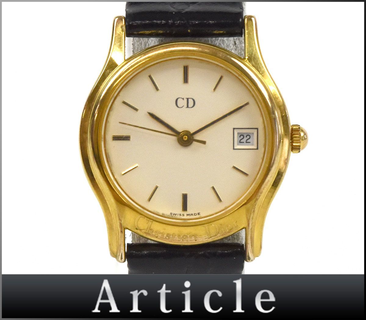 109817〇動作確認済 Christian Dior ディオール レディースウォッチ 腕時計クォーツ GP レザー ゴールド ブラック レディース/ D