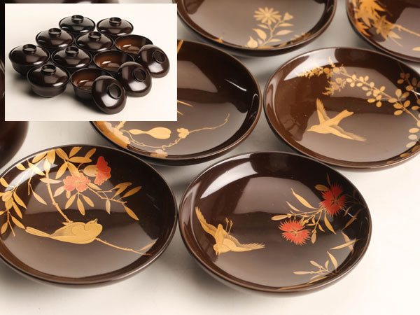 茶道具 見返松茸 蒔絵 吸物椀 十客 木箱 共箱　木製漆器 茶懐石道具 格安 流茶懐石道具 黒塗見返図替蒔絵吸物椀